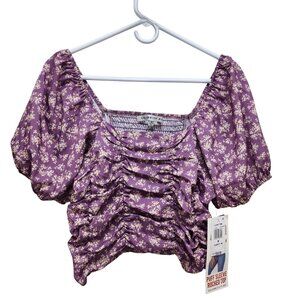 Celebrity Pink Purple Floral Puff Sleeve Ruched Top Womens Cropped Blouse Size M